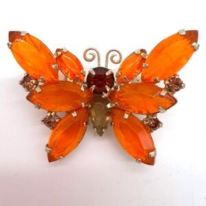 Vintage Orange Butterfly Brooch Lucite Rhinestone Gold Tone Retro Pin